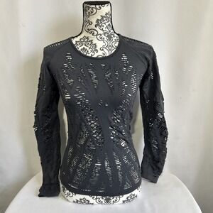 Alo Yoga Wanderer Laser Cut Shred Long Sleeve Top Charcoal Gray Size Sz M